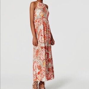 Loft Pink and Orange Tropical Halter Maxi Dress